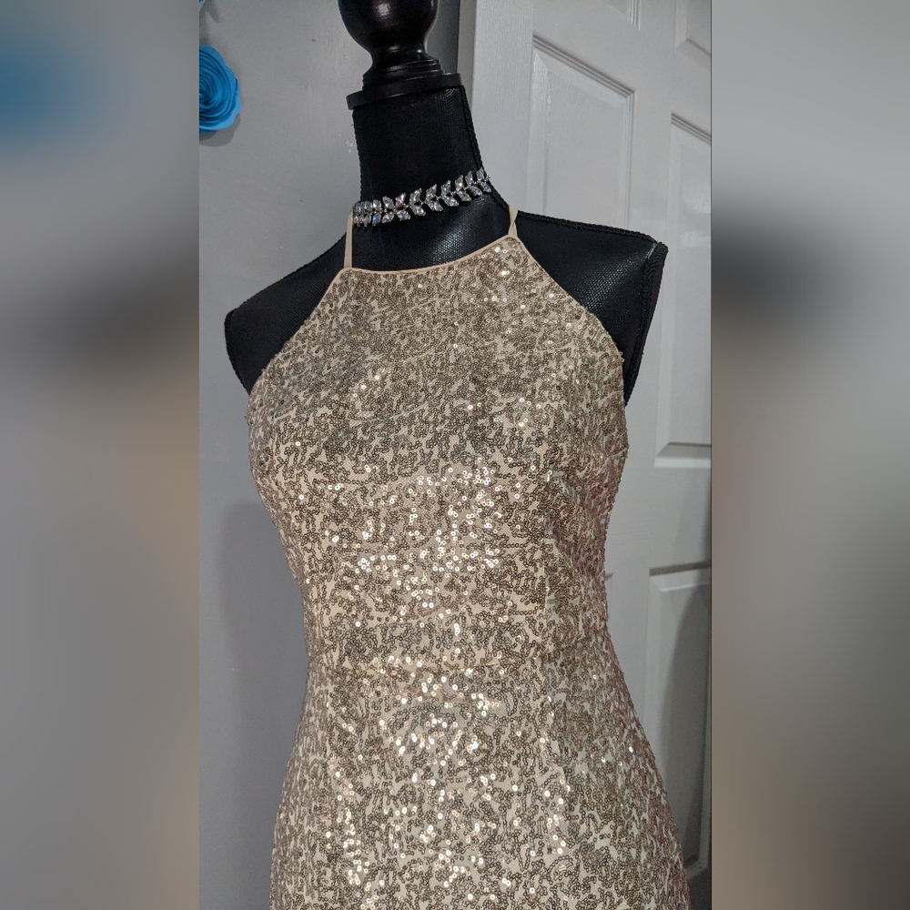 David's Bridal Elegant Gold Sequin Evening Gown - Picture 3 of 6